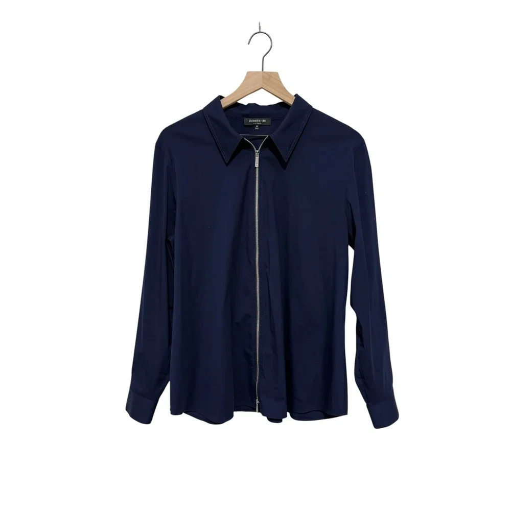 Lafayette 148 New York Zip Front Blouse Sz 16 Navy Stretch Cotton Collared Top - Picture 2 of 14